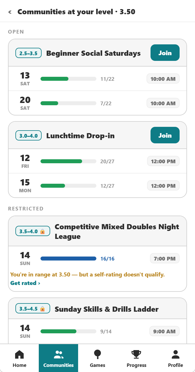 Groups at your level, open and level-restricted.