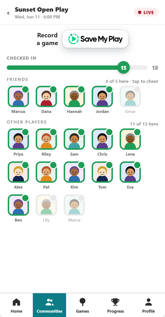 A live open-play session: who is checked in, with friends shown first.