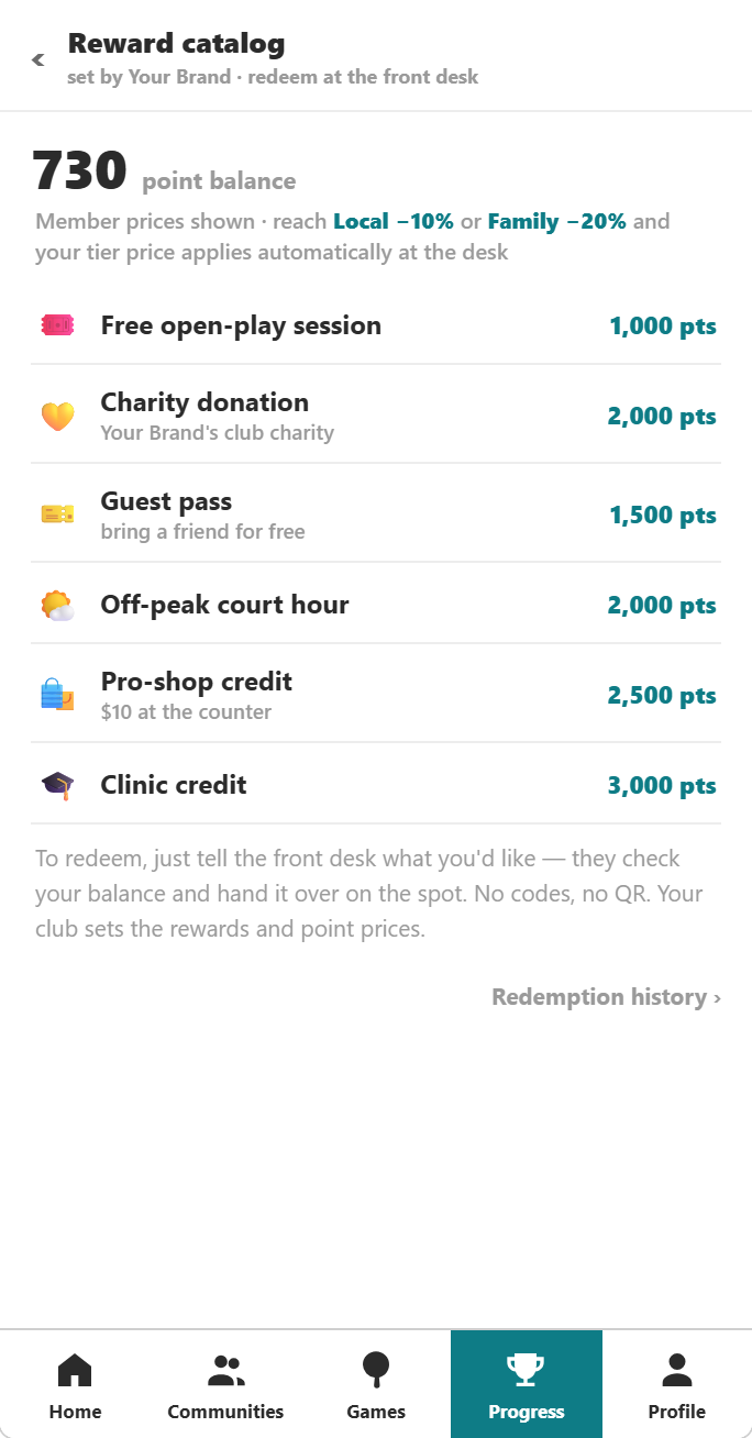 The reward catalog: free open-play session, charity donation, guest pass, off-peak court hour, pro-shop credit.